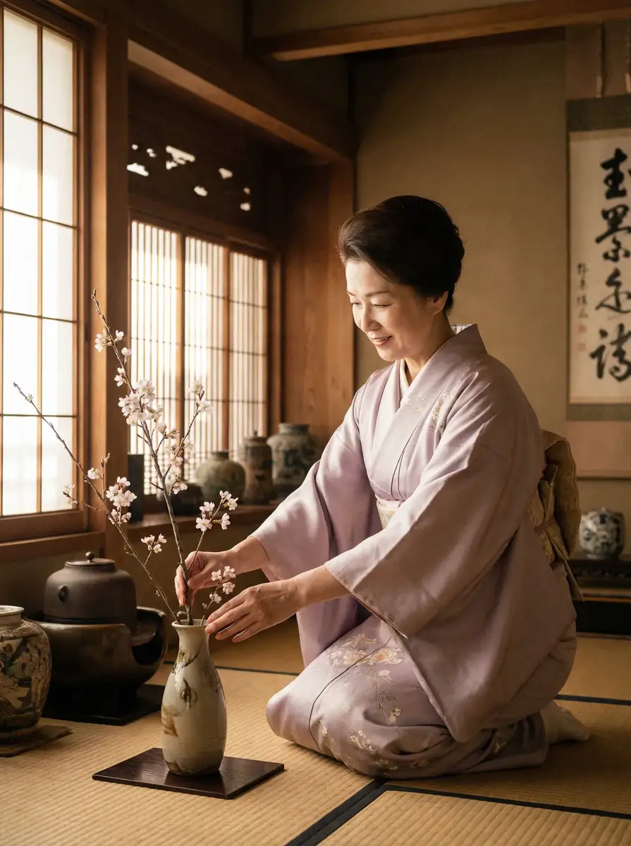 一位优雅的 永利皇宫平台 在和室中插花
